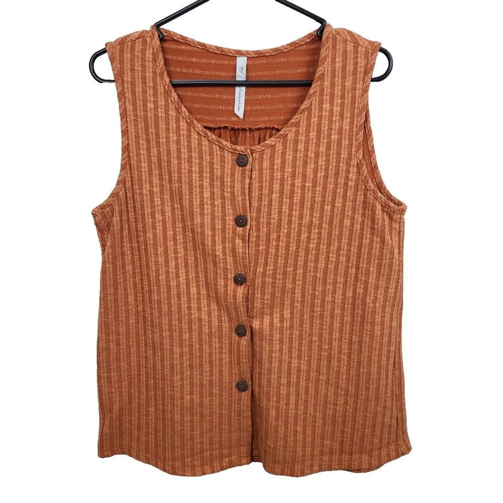 NY Collection Womens Tank Top Large Orange Sleeveless Button Front Ribbed Casual